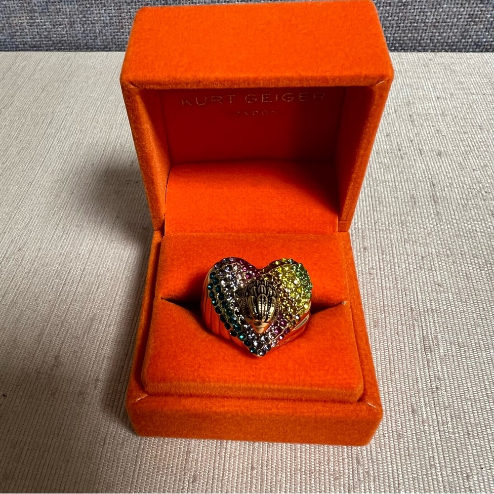 Kurt Geiger London Rainbow Heart Cocktail Ring Sz 9.5 NIB